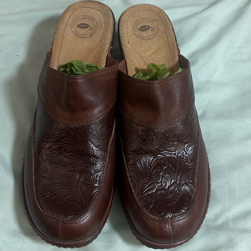 Nurture Brown Tooled Leather Clogs 10 M